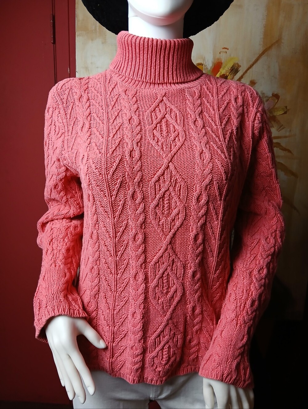Wainscott Heavy Chunky Cable Knit Turtleneck Cotton Sweater L